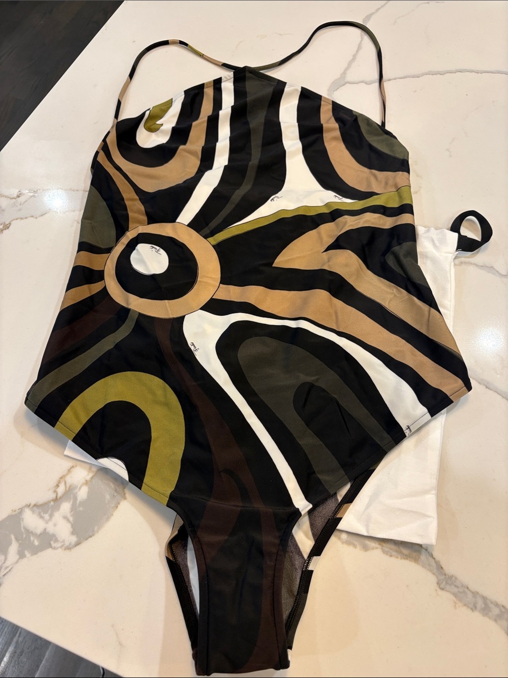Emilio Pucci Black White Olive & Tan Graphic Halter One-Piece